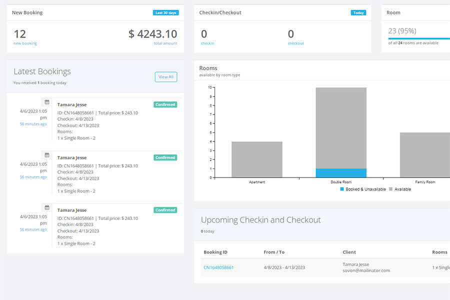 VEVSoftware Hotel Booking Software Dashboard