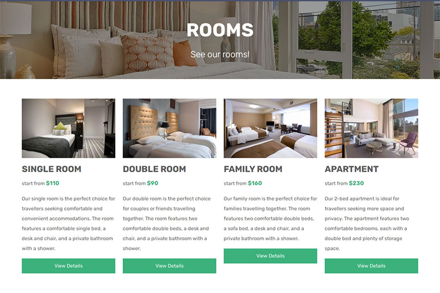 VEVSoftware Hotel Website Builder rooms page