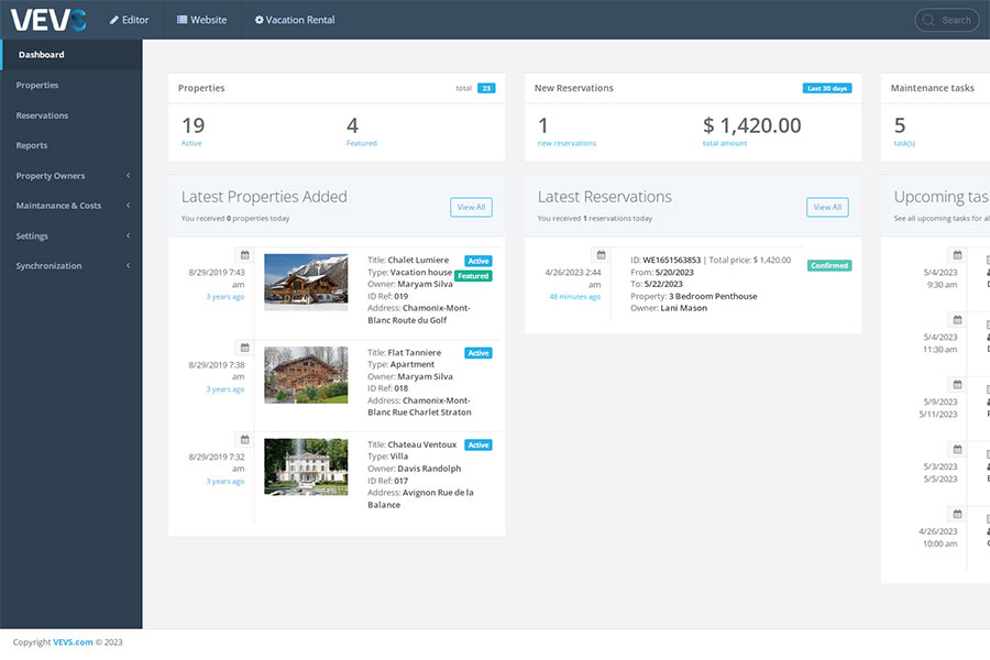 VEVSoftware Vacation Rental Software Dashboard