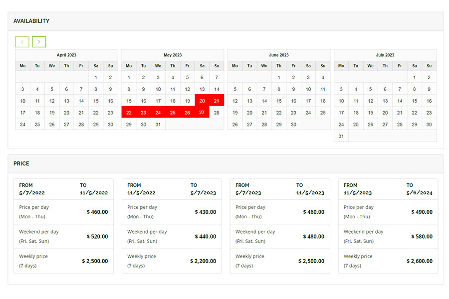Vacation rental website - availability calendar