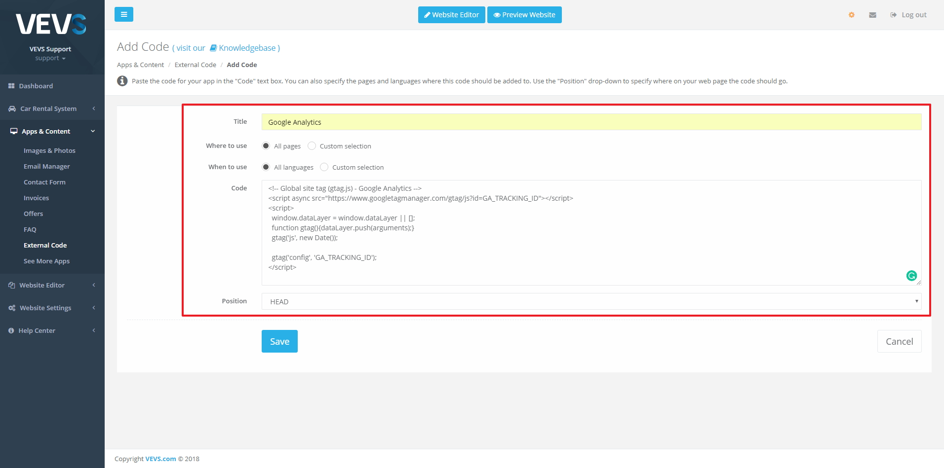 VEVSoftware CMS 2.1.0 - Add External Code menu