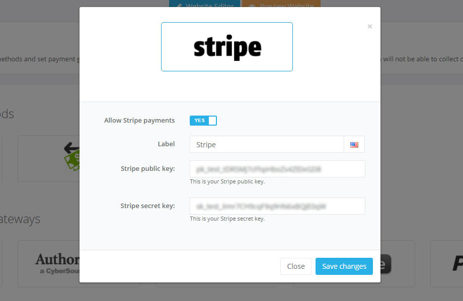 Stripe Payments with VEVSoftware Website Builder