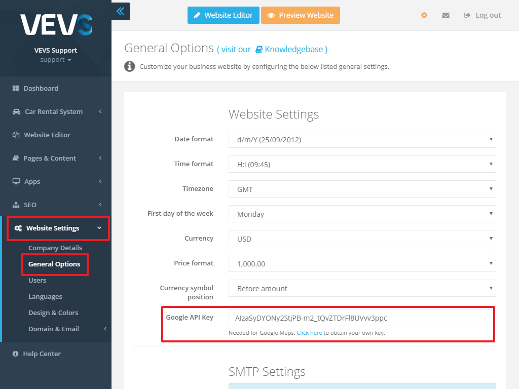 VEVSoftware Website Builder set Google Maps APIs
