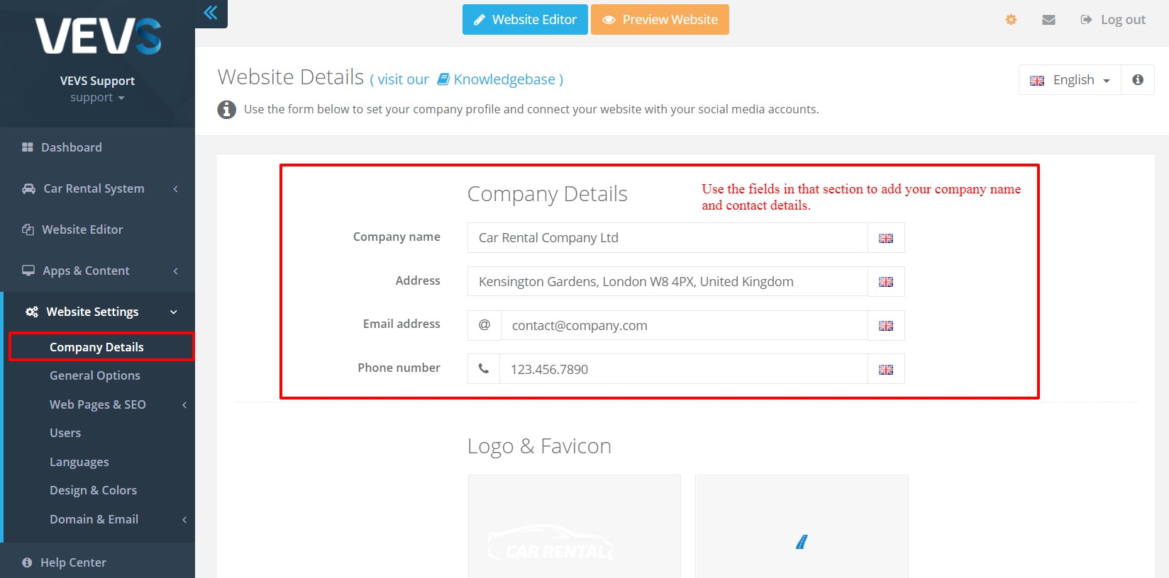 VEVSoftware Website Builder - manage company details