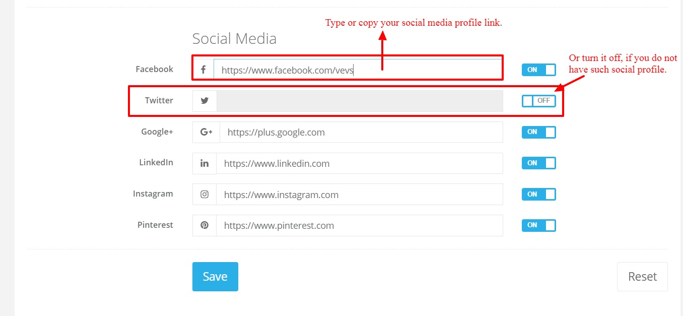 VEVSoftware Website Builder - edit social media profiles